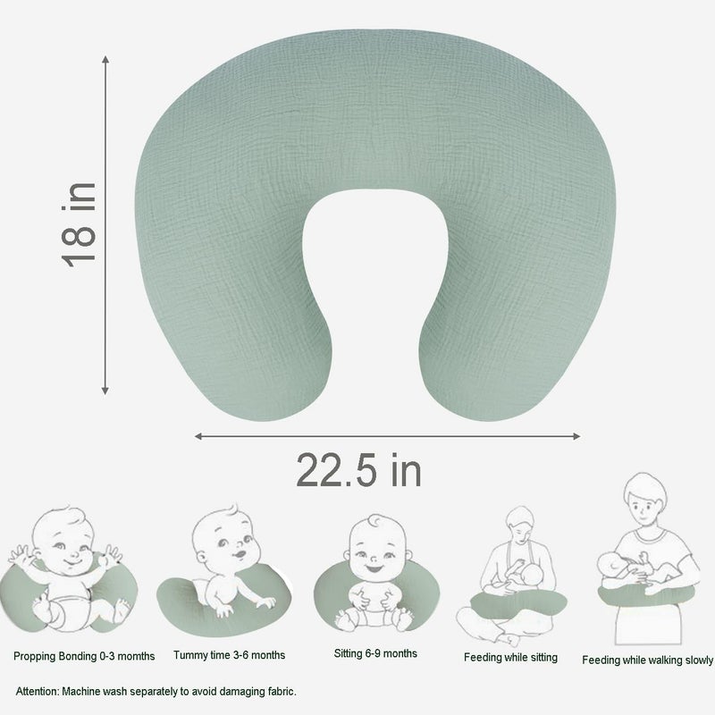 lethooly Nursing Pillow Cover - 2-Pack Muslin Cotton Removable Covers for Breastfeeding Pillows, Ultra-Soft Baby Feeding Pillowcase for Boy & Girl, Fits 22.5"x18" Pillows (Green Leaf & Sage Green) - Image 3